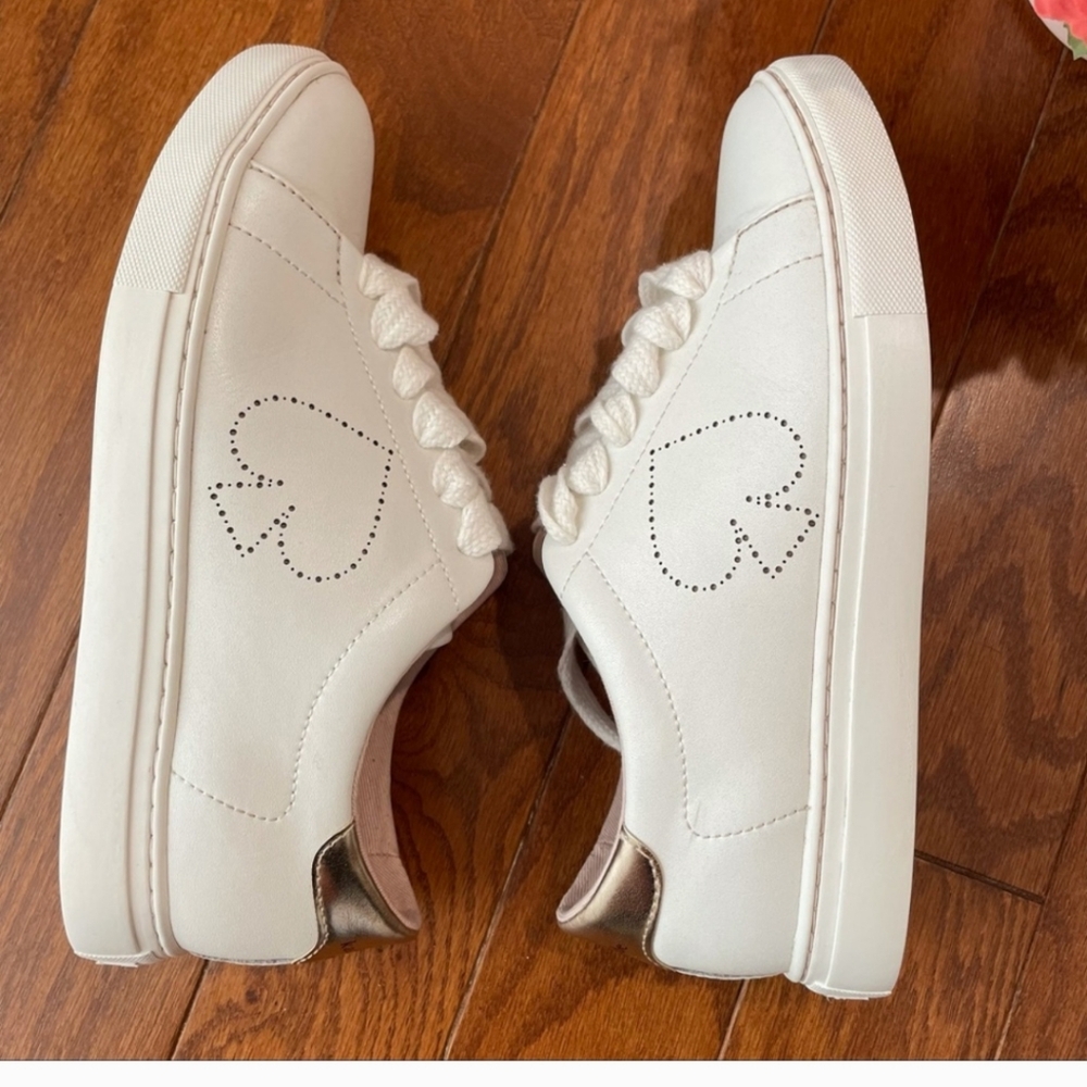 Kate Spade Logo Spade White & Gold Metallic Sneakers 6 - Picture 4 of 7